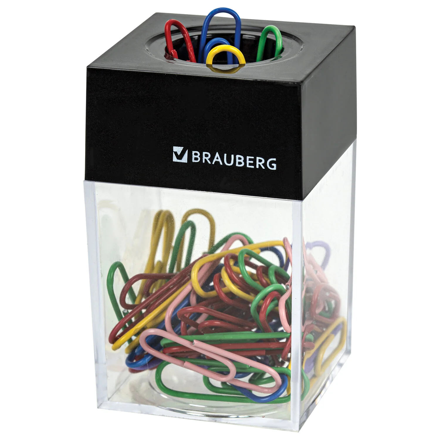 Скрепочница магнитная BRAUBERG с 50 цветными скрепками 28 мм прозрачный корпус