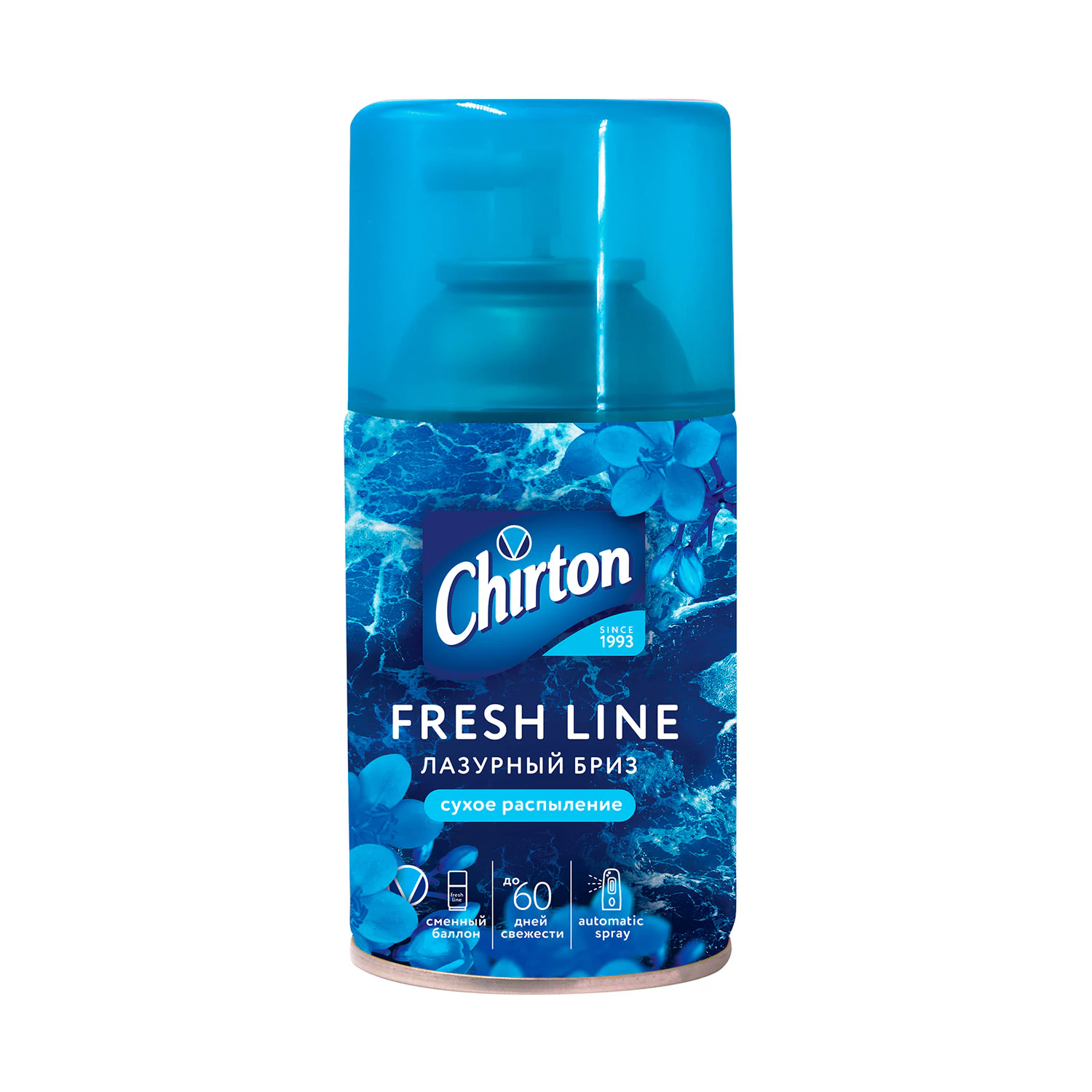 Сменный баллон для автоматических освежителей CHIRTON Лазурный бриз, сухое распыление, 250 мл