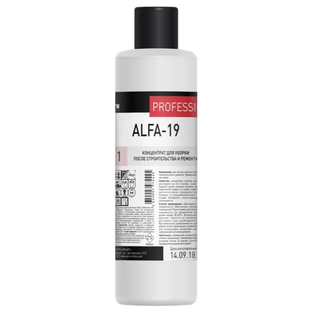Средство для уборки после строительства, 1 л, PRO-BRITE ALFA-19, кислотное, концентрат, 013-1