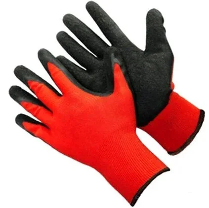 Перчатки  из красного полиэстра с вспененым черным покрытием на ладони 13 класс вязки р-р 9