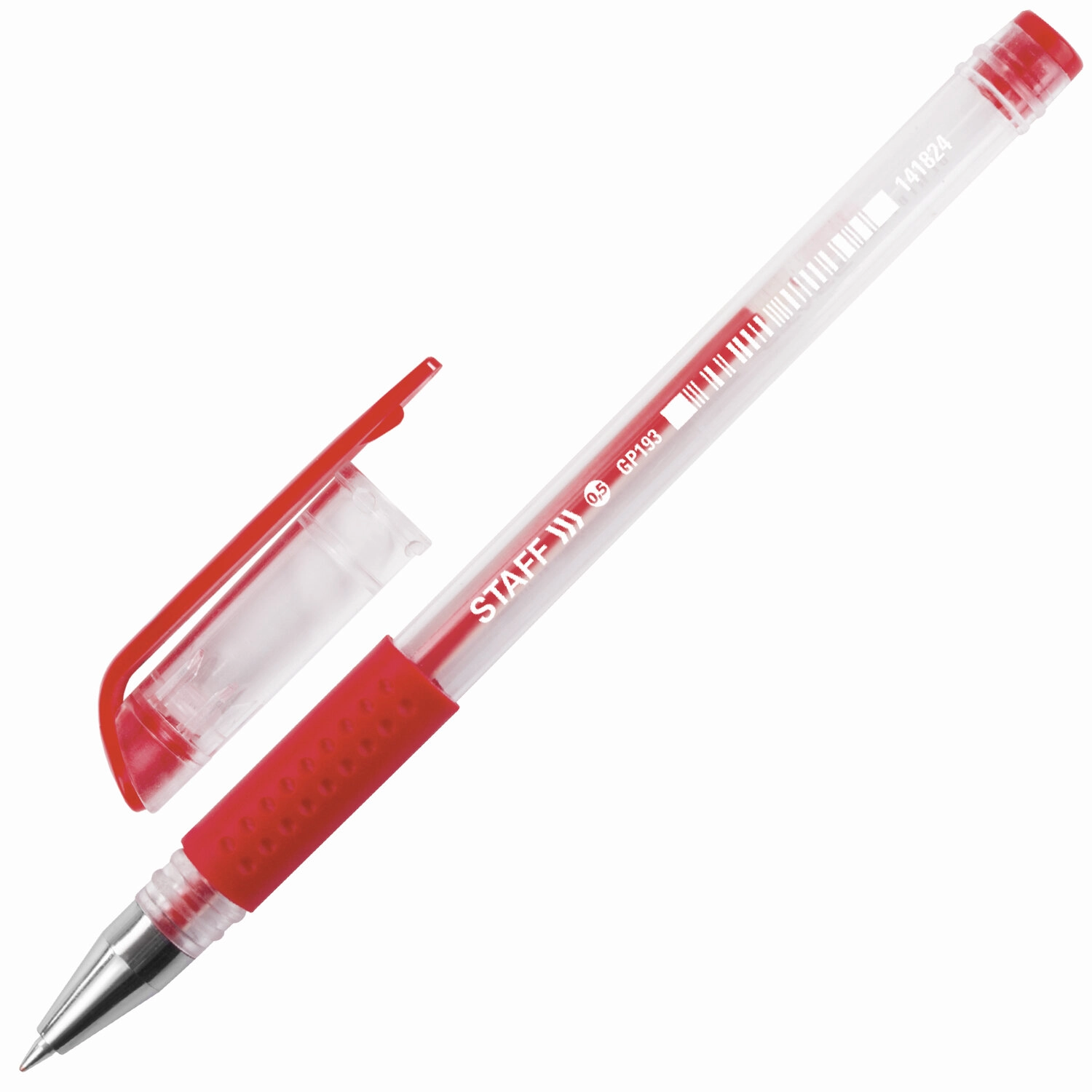 Ручка гелевая с грипом STAFF EVERYDAY GP-193, КРАСНАЯ, корпус прозрачный, узел 0,5 мм, линия письма 0,35 мм